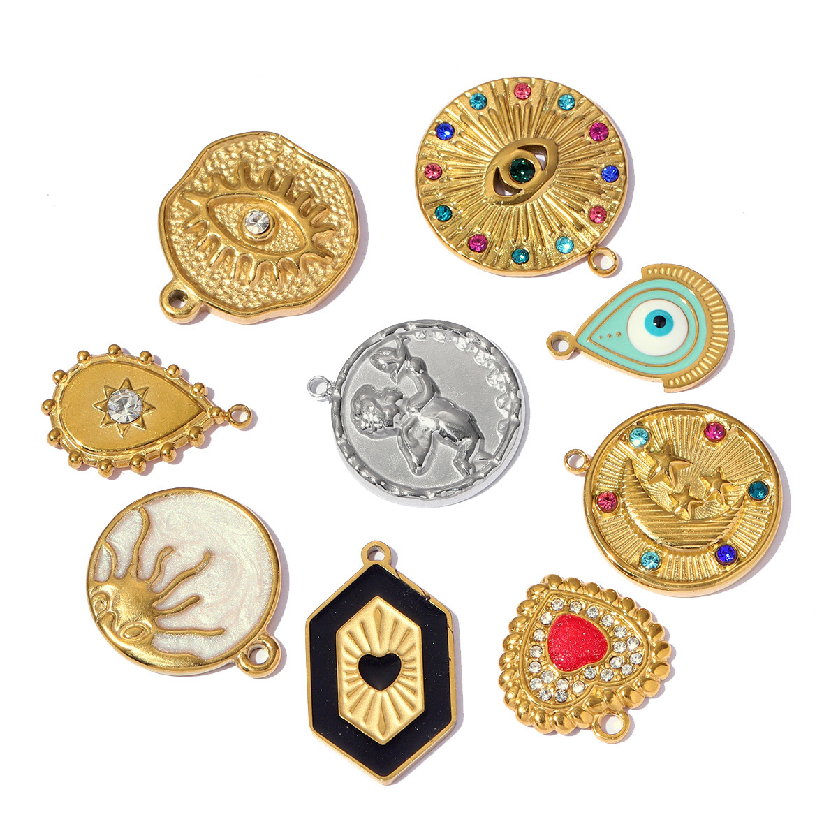 6pcs/pack Stainless Steel Waterdrop Evil Eye Angel DIY Charms Round Shell Sun Butterfly Necklace Pendants Woman Jewelry Wholesale