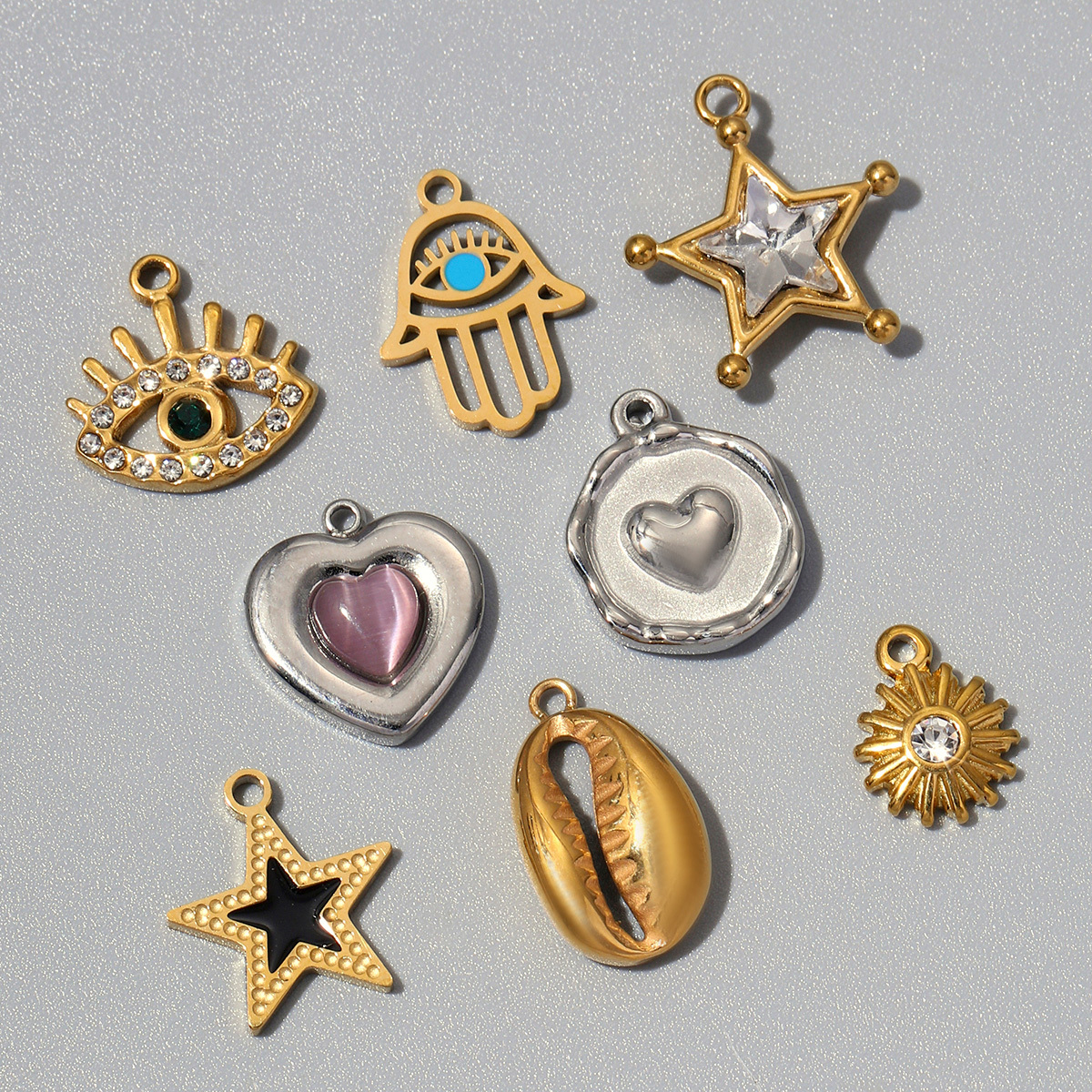 6pcs/pack Stainless Steel Croissant Cross Angel DIY Charms Evil Eye Sun Rose Necklace Pendants Woman Love Heart Jewelry Wholesale