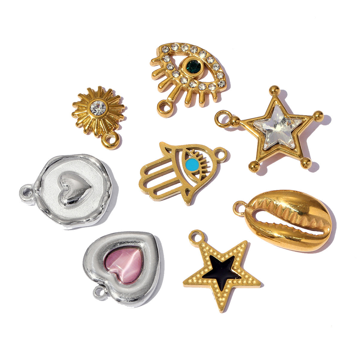 6pcs/pack Stainless Steel Waterdrop Evil Eye Angel DIY Charms Round Shell Sun Butterfly Necklace Pendants Woman Jewelry Wholesale
