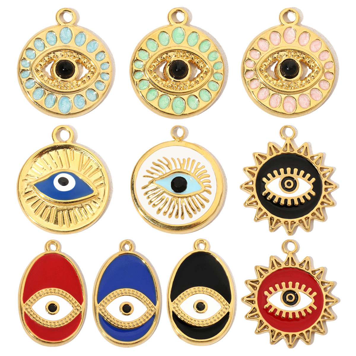 6pcs/pack French Enamel Evil Eye Stainless Steel Diy Charms Women Natural Stone Round Necklace Pendant Sun Jewelry