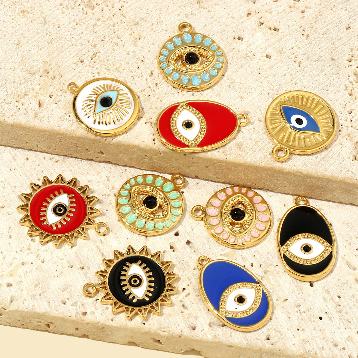 6pcs/pack French Enamel Evil Eye Stainless Steel Diy Charms Women Natural Stone Round Necklace Pendant Sun Jewelry
