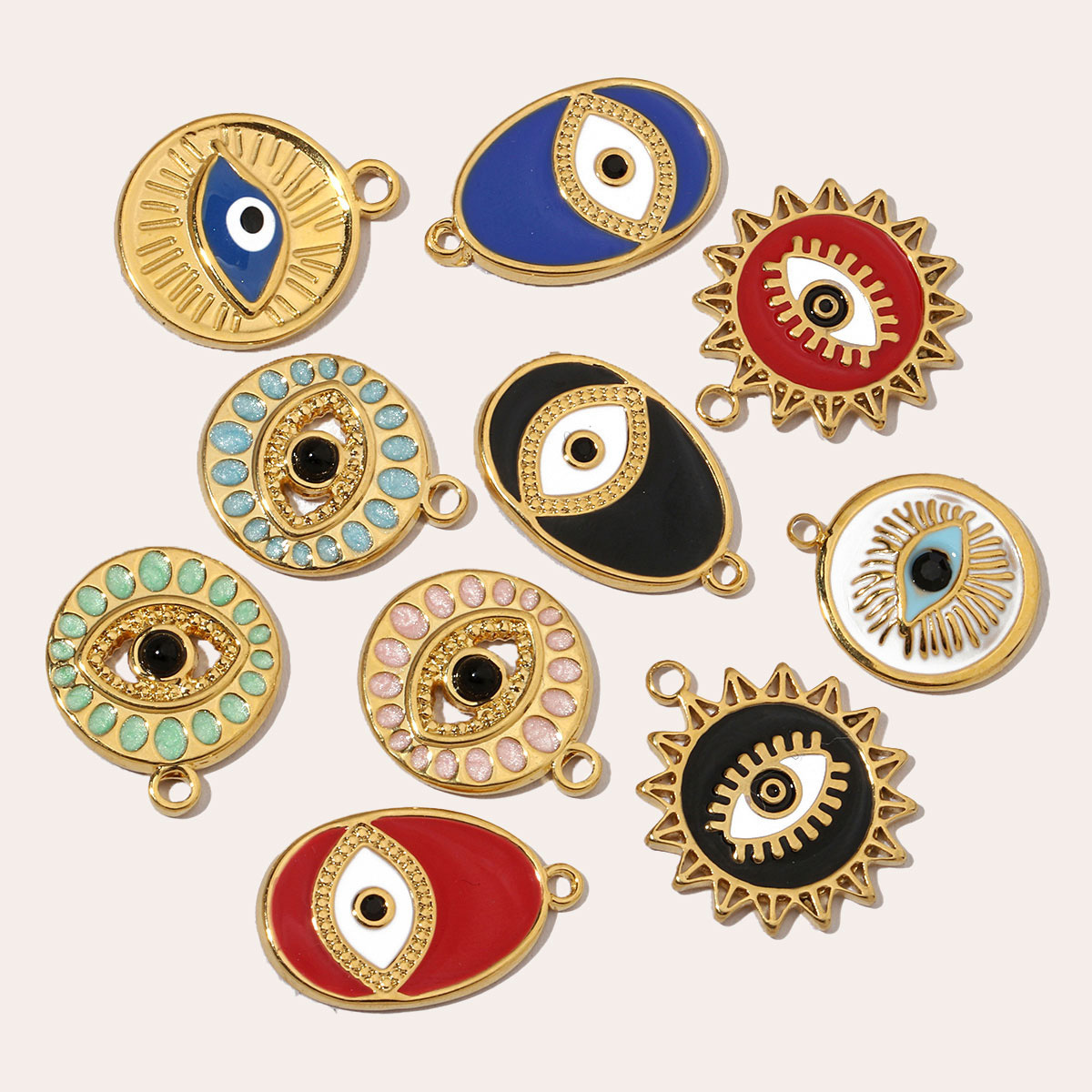 6pcs/pack French Enamel Evil Eye Stainless Steel Diy Charms Women Natural Stone Round Necklace Pendant Sun Jewelry