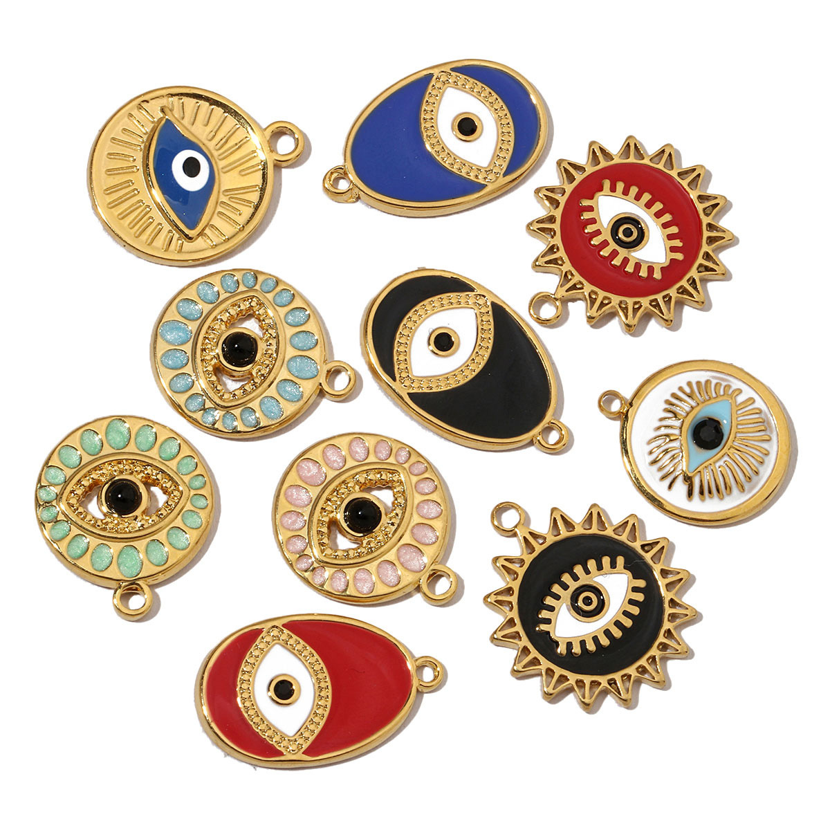 6pcs/pack French Enamel Evil Eye Stainless Steel Diy Charms Women Natural Stone Round Necklace Pendant Sun Jewelry