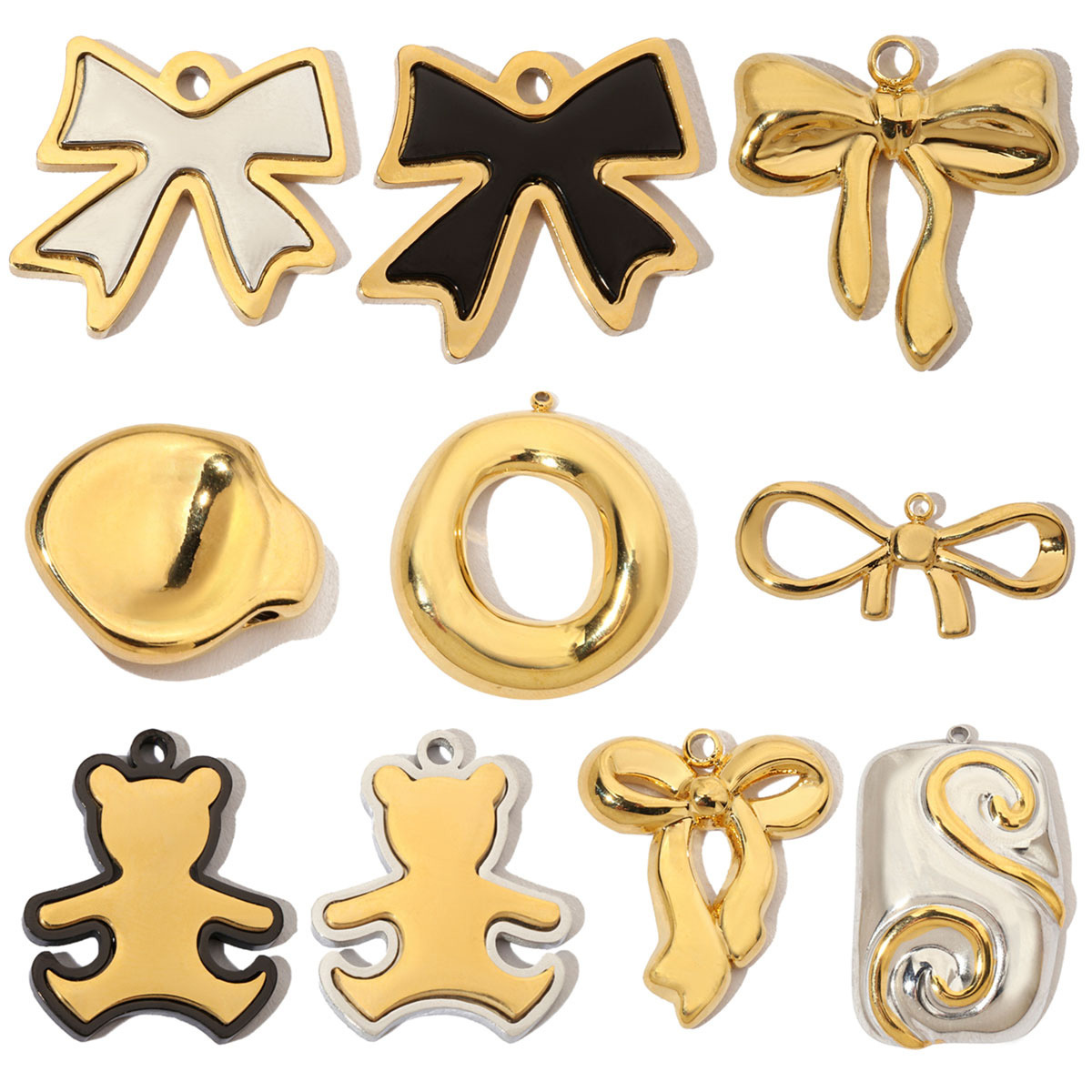 6pcs/pack French Bowknot Stainless Steel Diy Charms Women Two Tone Bear Bracelet Pendant Circle Necklace Jewelry