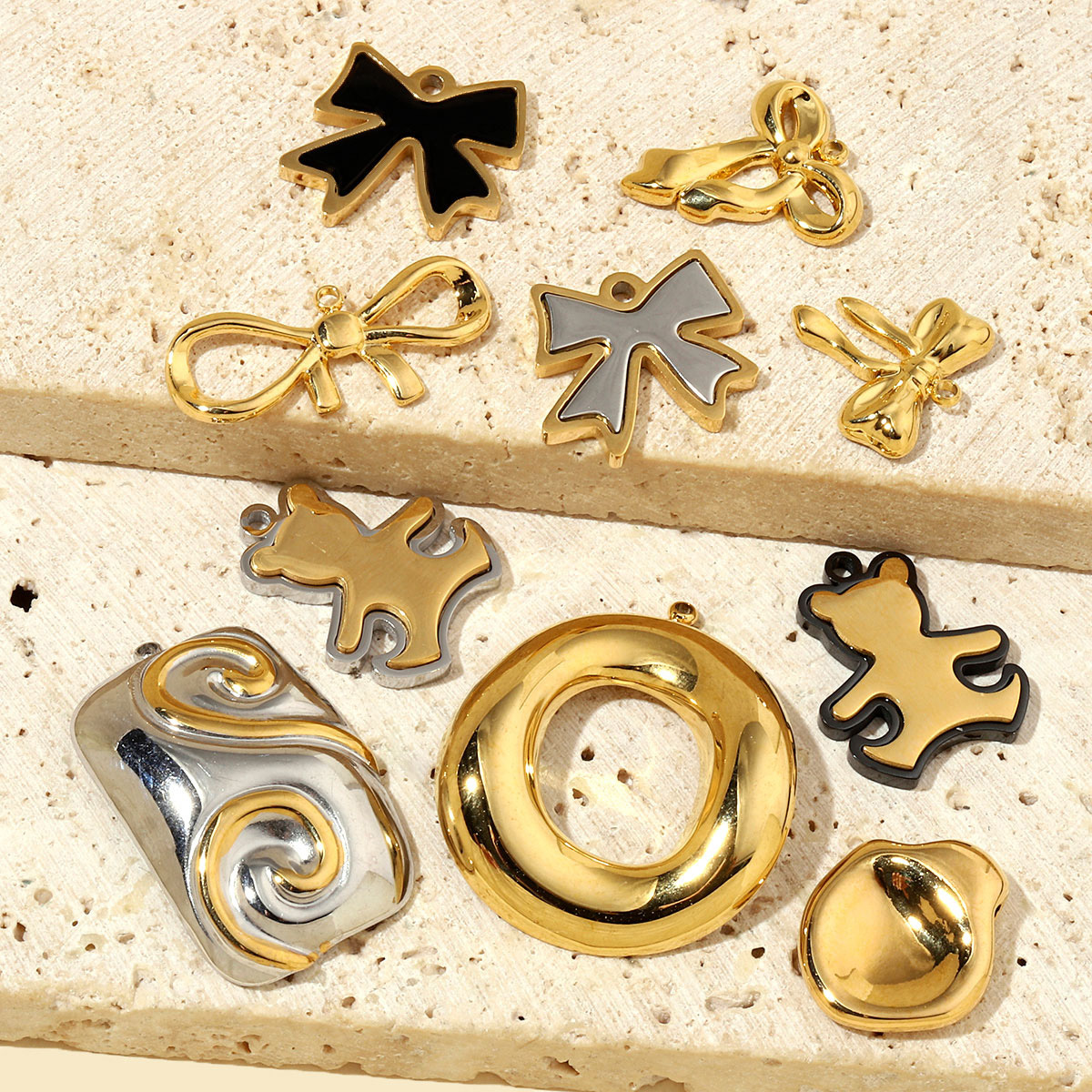 6pcs/pack French Bowknot Stainless Steel Diy Charms Women Two Tone Bear Bracelet Pendant Circle Necklace Jewelry