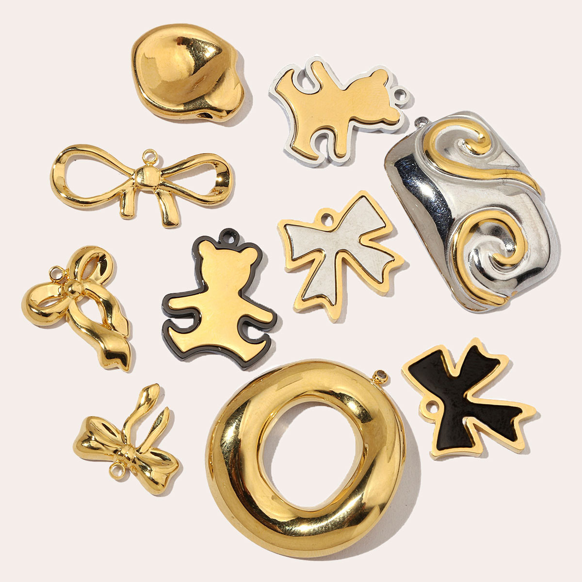 6pcs/pack French Bowknot Stainless Steel Diy Charms Women Two Tone Bear Bracelet Pendant Circle Necklace Jewelry