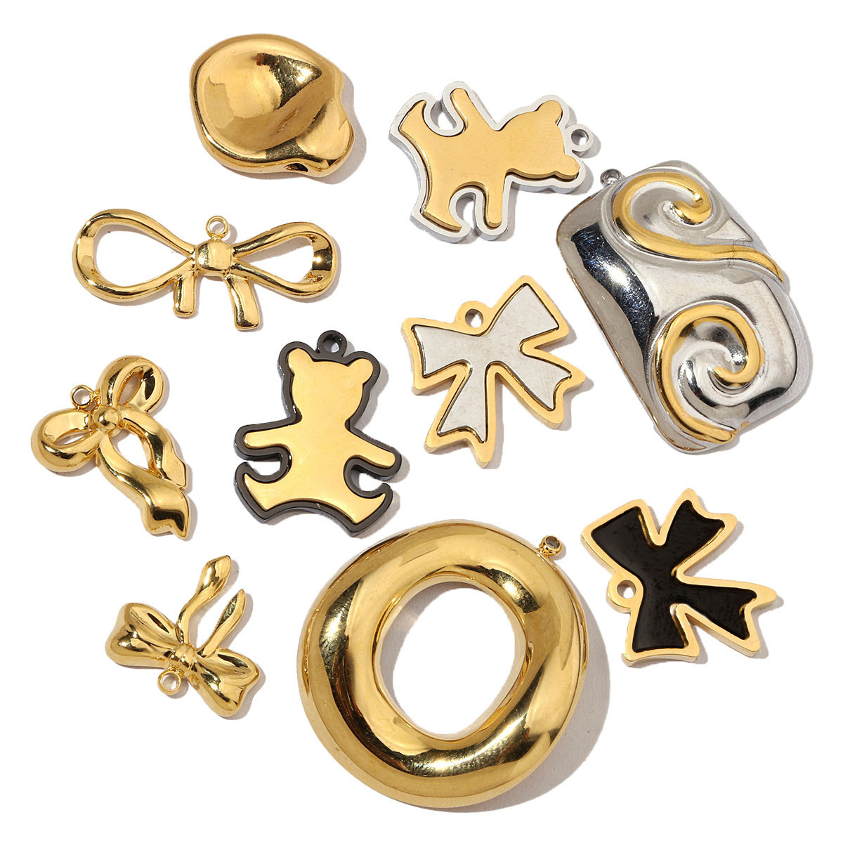 6pcs/pack French Bowknot Stainless Steel Diy Charms Women Two Tone Bear Bracelet Pendant Circle Necklace Jewelry