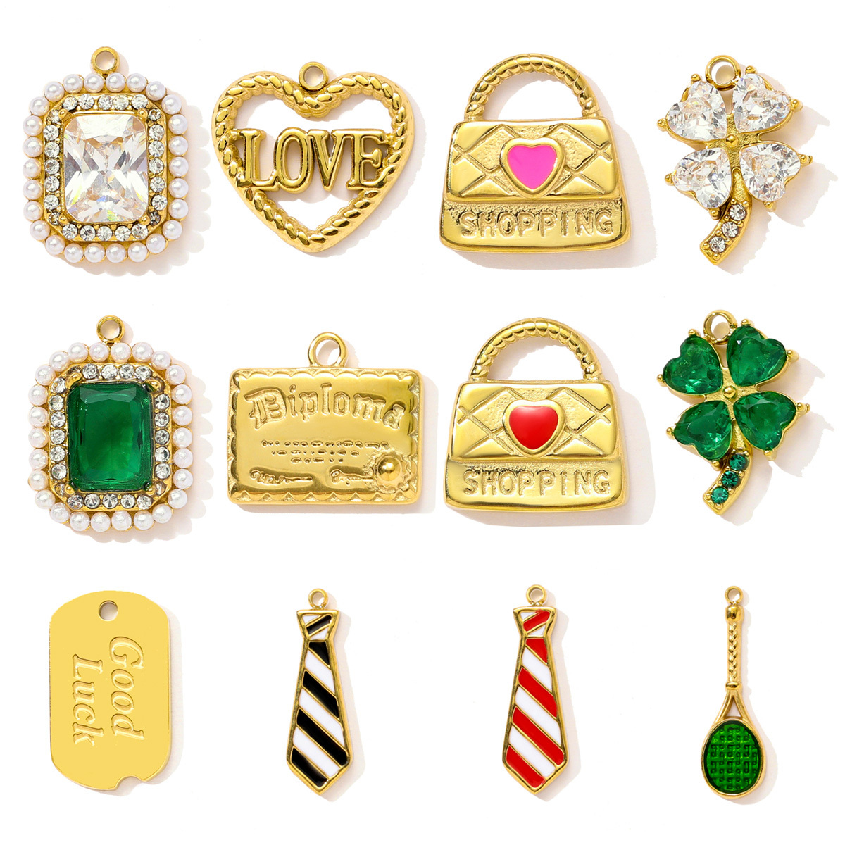 6pcs/pack Cute Stainless Steel Rhinestone Pearl Necklace Pendant Luck Clover Tie DIY Bracelet Charm Women Shopping Bag Jewelry