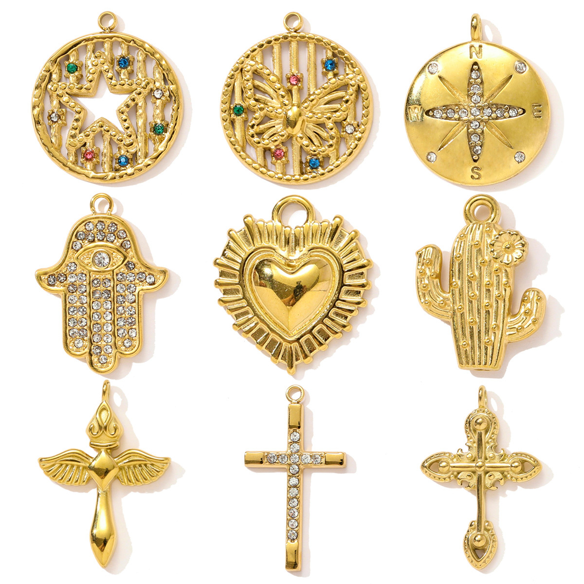 6pcs/pack Stainless Steel Rhinestone Butterfly Star Necklace Pendant Cactus DIY Bracelet Charm Women Hamsa Hand Cross Jewelry