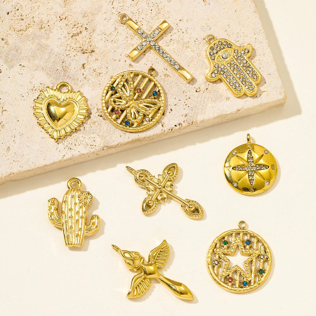 6pcs/pack Stainless Steel Rhinestone Butterfly Star Necklace Pendant Cactus DIY Bracelet Charm Women Hamsa Hand Cross Jewelry