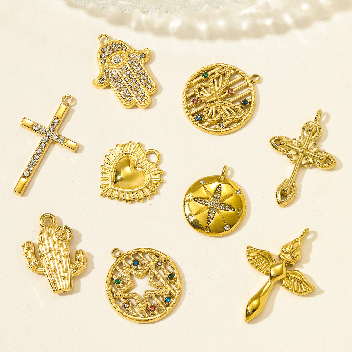 6pcs/pack Stainless Steel Rhinestone Butterfly Star Necklace Pendant Cactus DIY Bracelet Charm Women Hamsa Hand Cross Jewelry