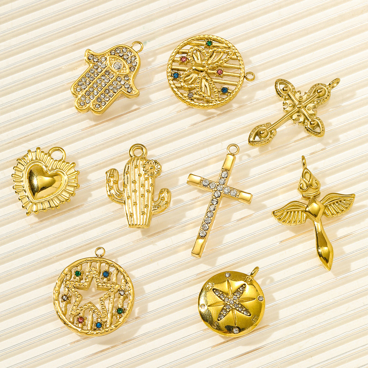 6pcs/pack Stainless Steel Rhinestone Butterfly Star Necklace Pendant Cactus DIY Bracelet Charm Women Hamsa Hand Cross Jewelry