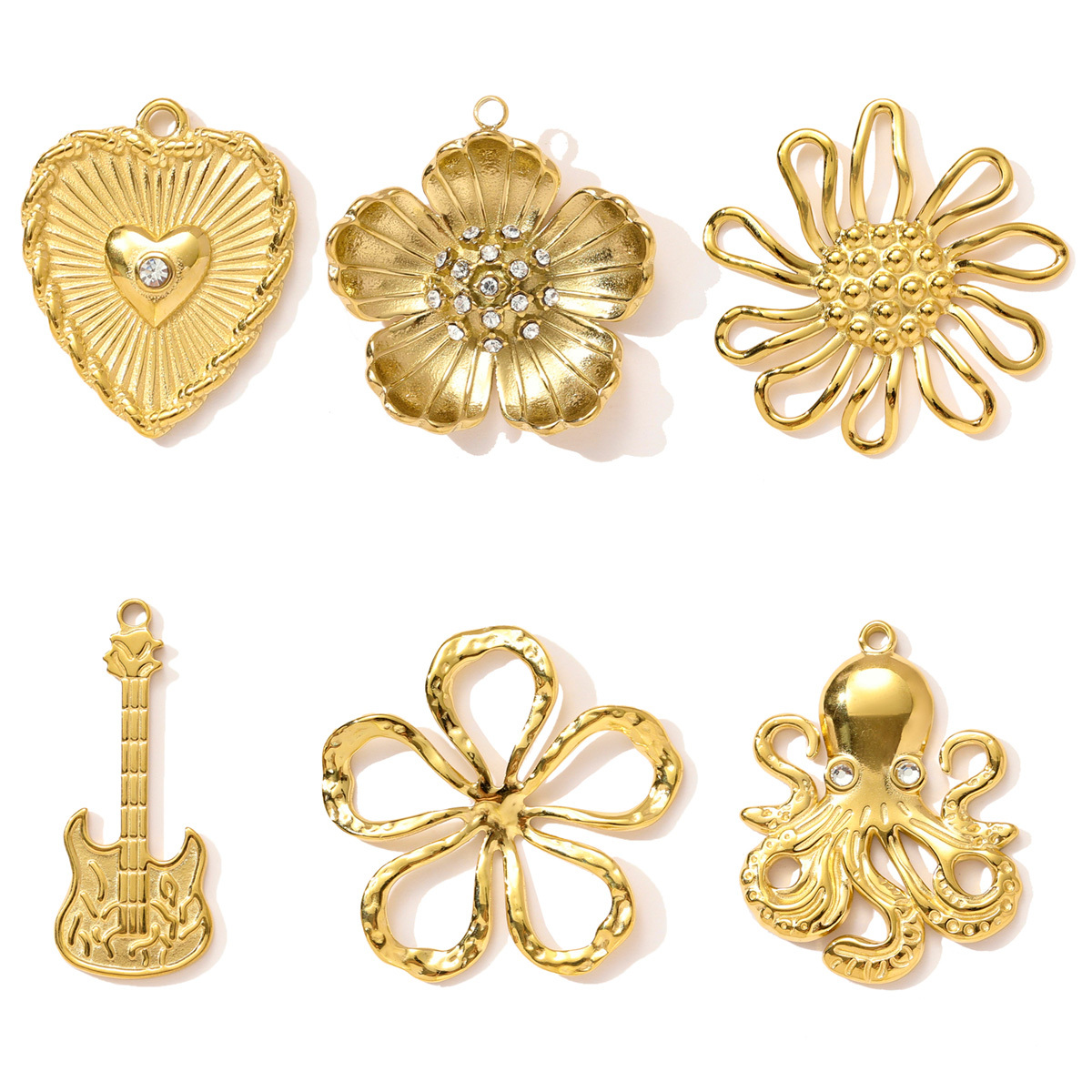 6pcs/pack Retro Stainless Steel Dasiy Sunflower Necklace Pendant Octopus Guitar DIY Earring Charm Women Baseball Cap Jewelry