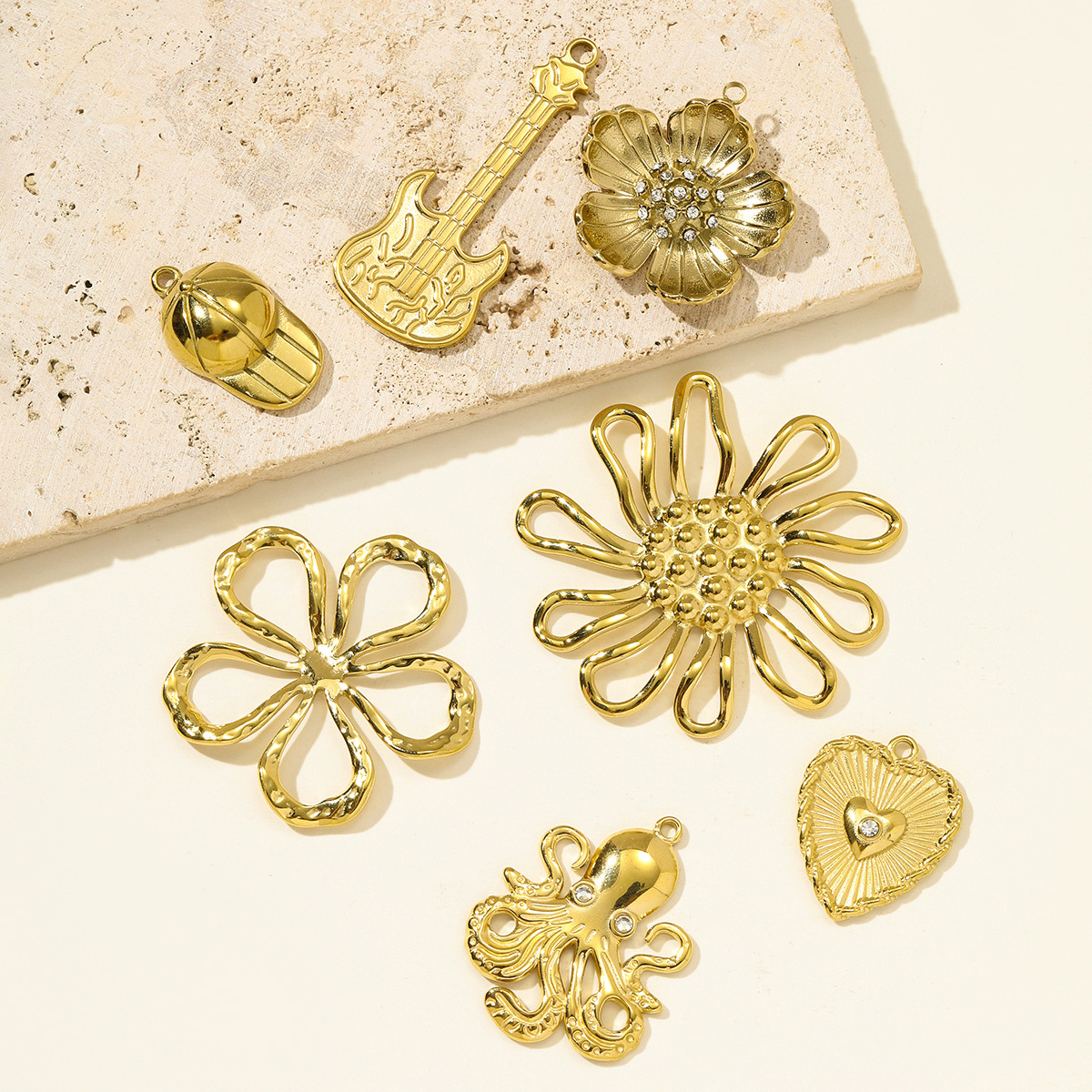 6pcs/pack Retro Stainless Steel Dasiy Sunflower Necklace Pendant Octopus Guitar DIY Earring Charm Women Baseball Cap Jewelry
