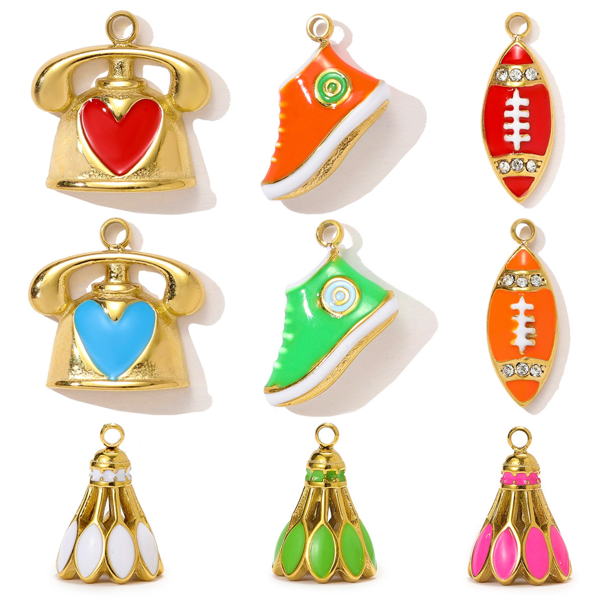 6pcs/pack Sports Stainless Steel Enamel Rugby Sneakers Necklace Pendant Telephone DIY Earring Charm Women Badminton Jewelry