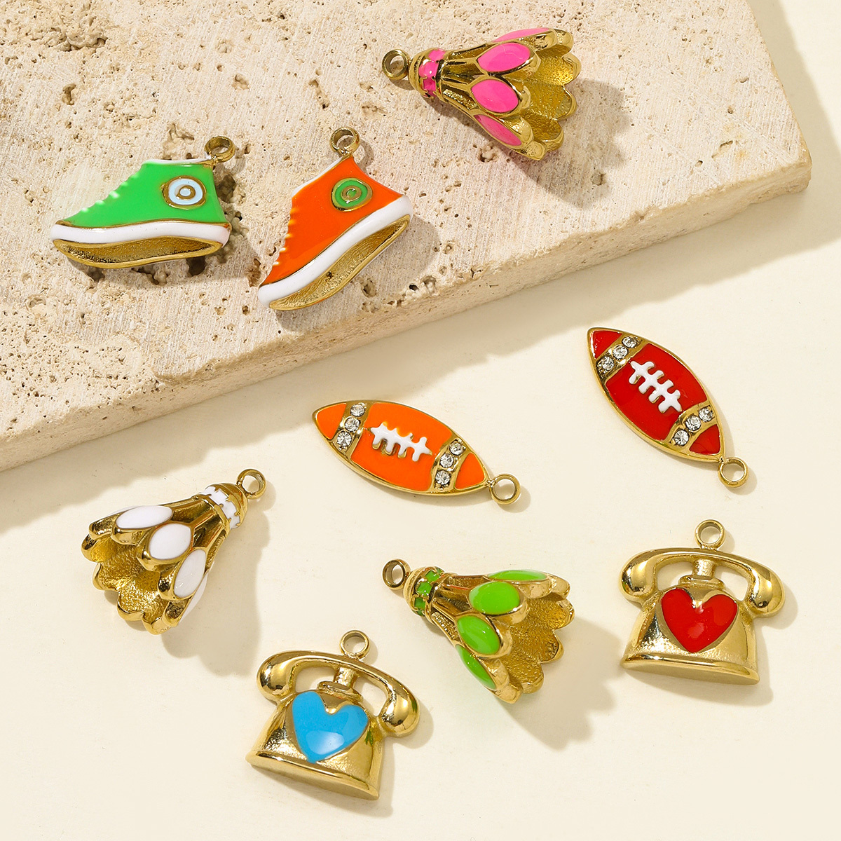 6pcs/pack Sports Stainless Steel Enamel Rugby Sneakers Necklace Pendant Telephone DIY Earring Charm Women Badminton Jewelry