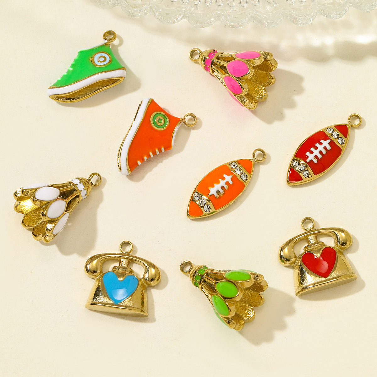 6pcs/pack Sports Stainless Steel Enamel Rugby Sneakers Necklace Pendant Telephone DIY Earring Charm Women Badminton Jewelry