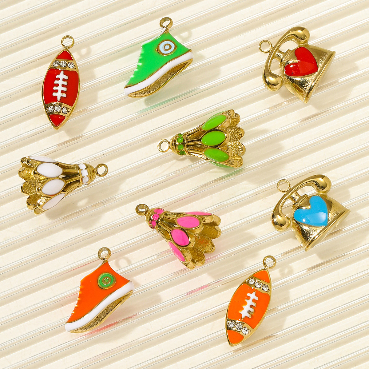 6pcs/pack Sports Stainless Steel Enamel Rugby Sneakers Necklace Pendant Telephone DIY Earring Charm Women Badminton Jewelry