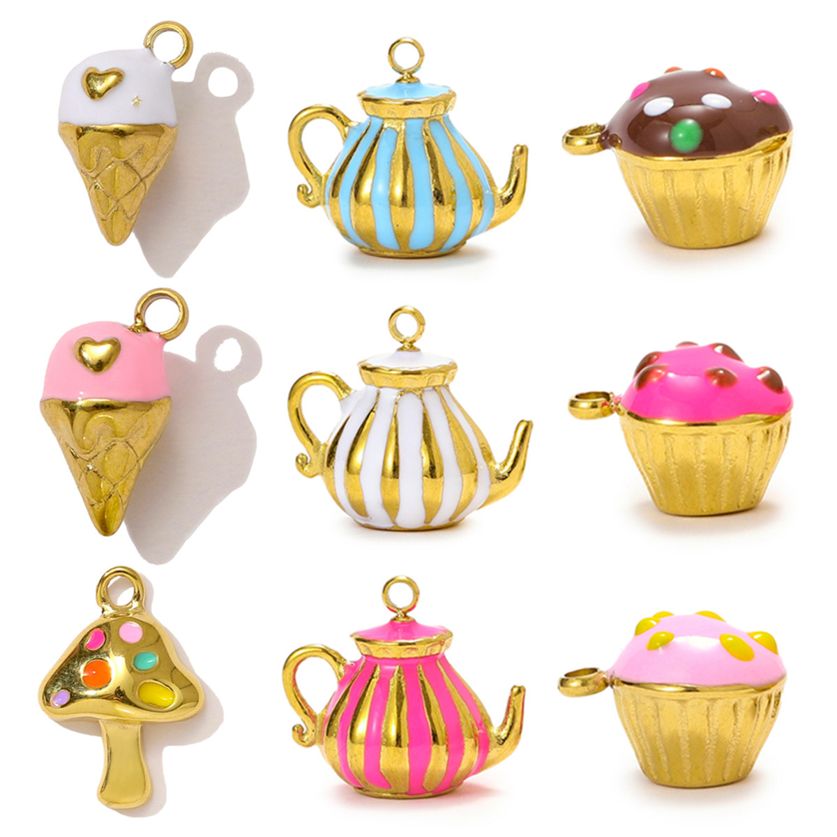 6pcs/pack Stainless Steel Enamel Ice Cream Teapot Necklace Pendant Cup Cake DIY Earring Charm Women Mushroom Jewelry