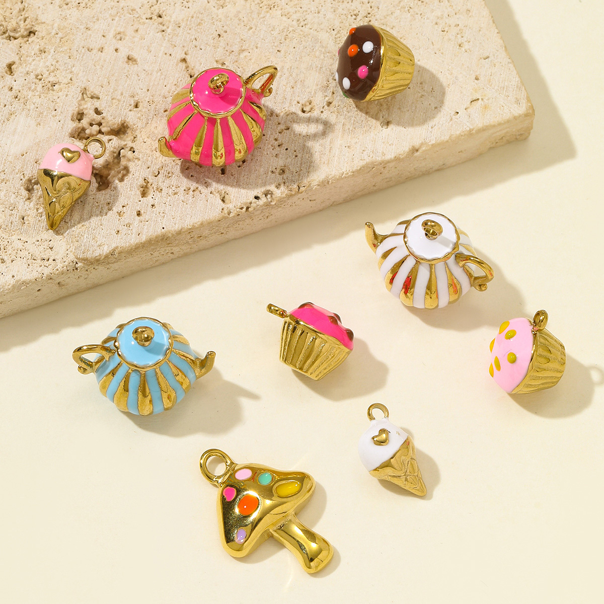 6pcs/pack Stainless Steel Enamel Ice Cream Teapot Necklace Pendant Cup Cake DIY Earring Charm Women Mushroom Jewelry