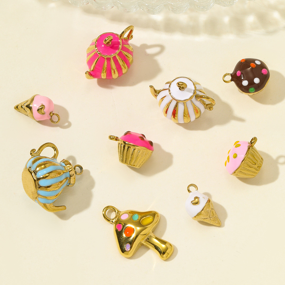 6pcs/pack Stainless Steel Enamel Ice Cream Teapot Necklace Pendant Cup Cake DIY Earring Charm Women Mushroom Jewelry