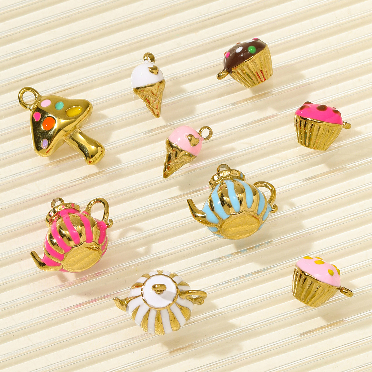 6pcs/pack Stainless Steel Enamel Ice Cream Teapot Necklace Pendant Cup Cake DIY Earring Charm Women Mushroom Jewelry