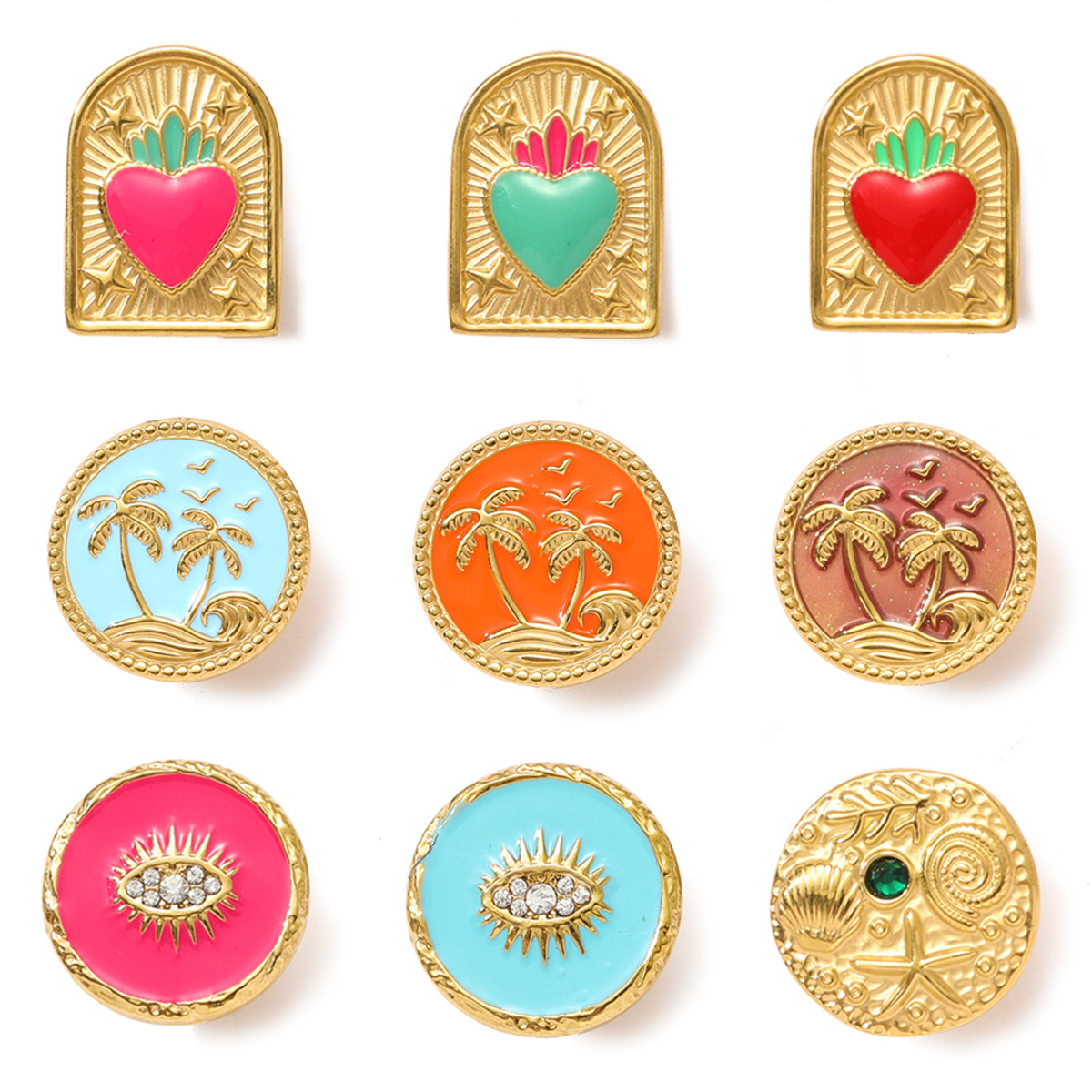 6pcs/pack Fashion Stainless Steel Enamel Plam Tree Love Heart Brooch Crab Luck Eye Starfish Jewelry Pin For Women Daily Wear