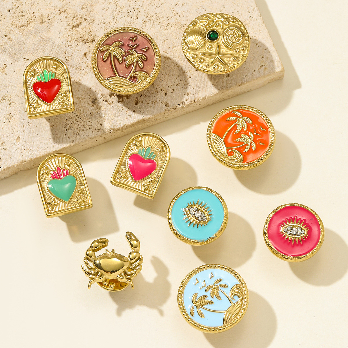 6pcs/pack Fashion Stainless Steel Enamel Plam Tree Love Heart Brooch Crab Luck Eye Starfish Jewelry Pin For Women Daily Wear