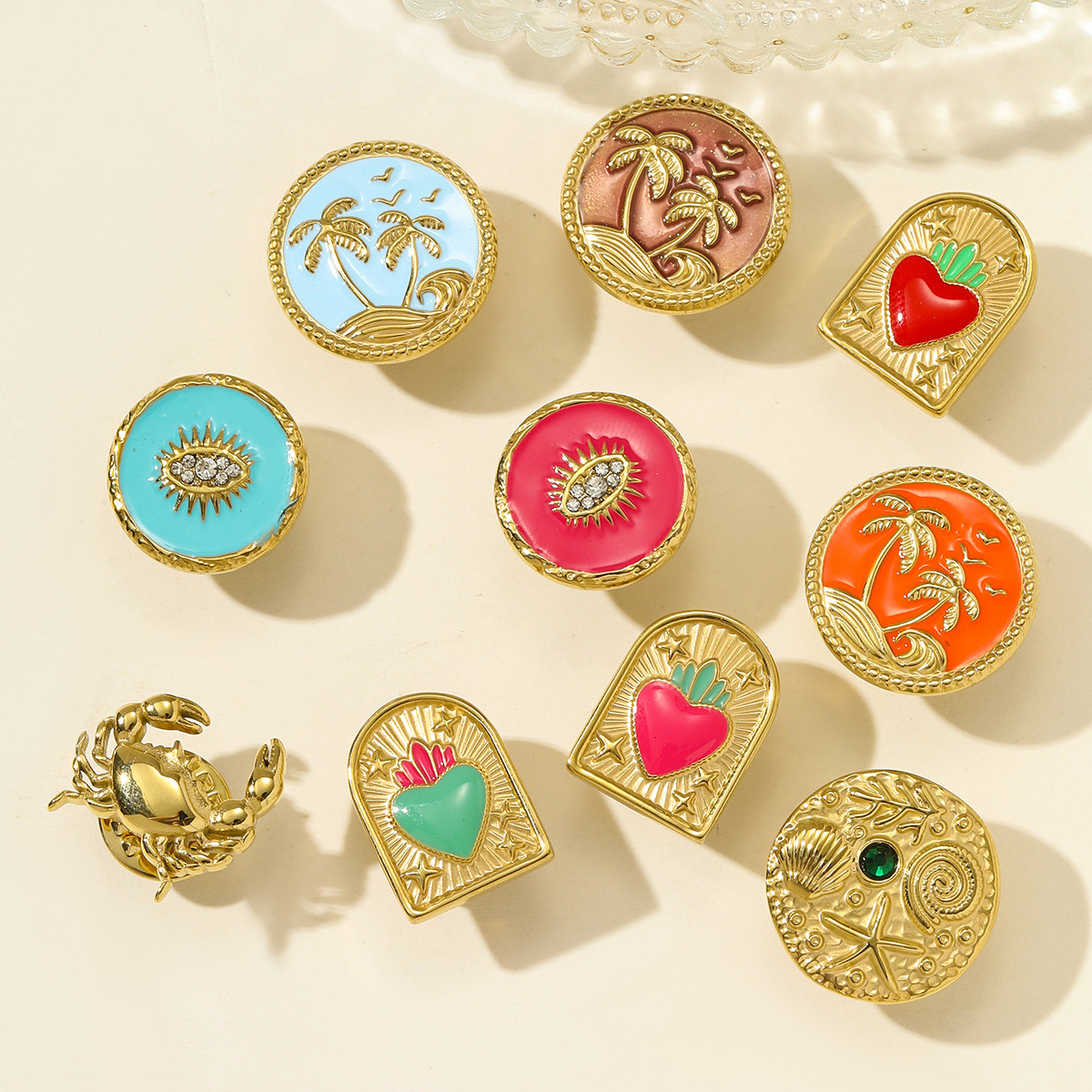 6pcs/pack Fashion Stainless Steel Enamel Plam Tree Love Heart Brooch Crab Luck Eye Starfish Jewelry Pin For Women Daily Wear
