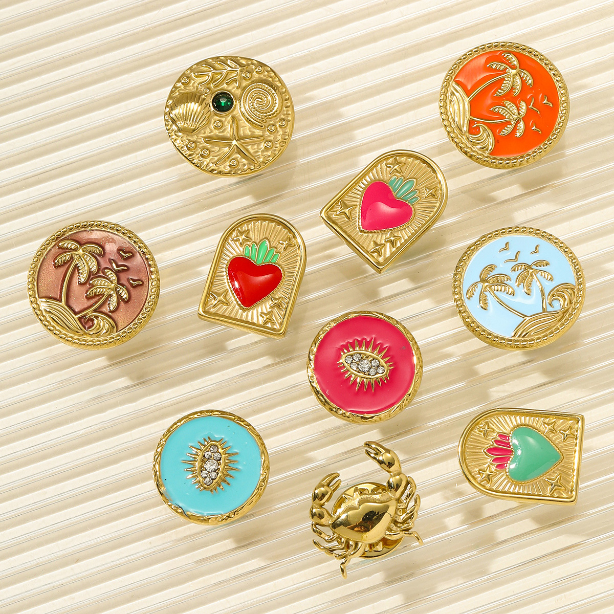 6pcs/pack Fashion Stainless Steel Enamel Plam Tree Love Heart Brooch Crab Luck Eye Starfish Jewelry Pin For Women Daily Wear