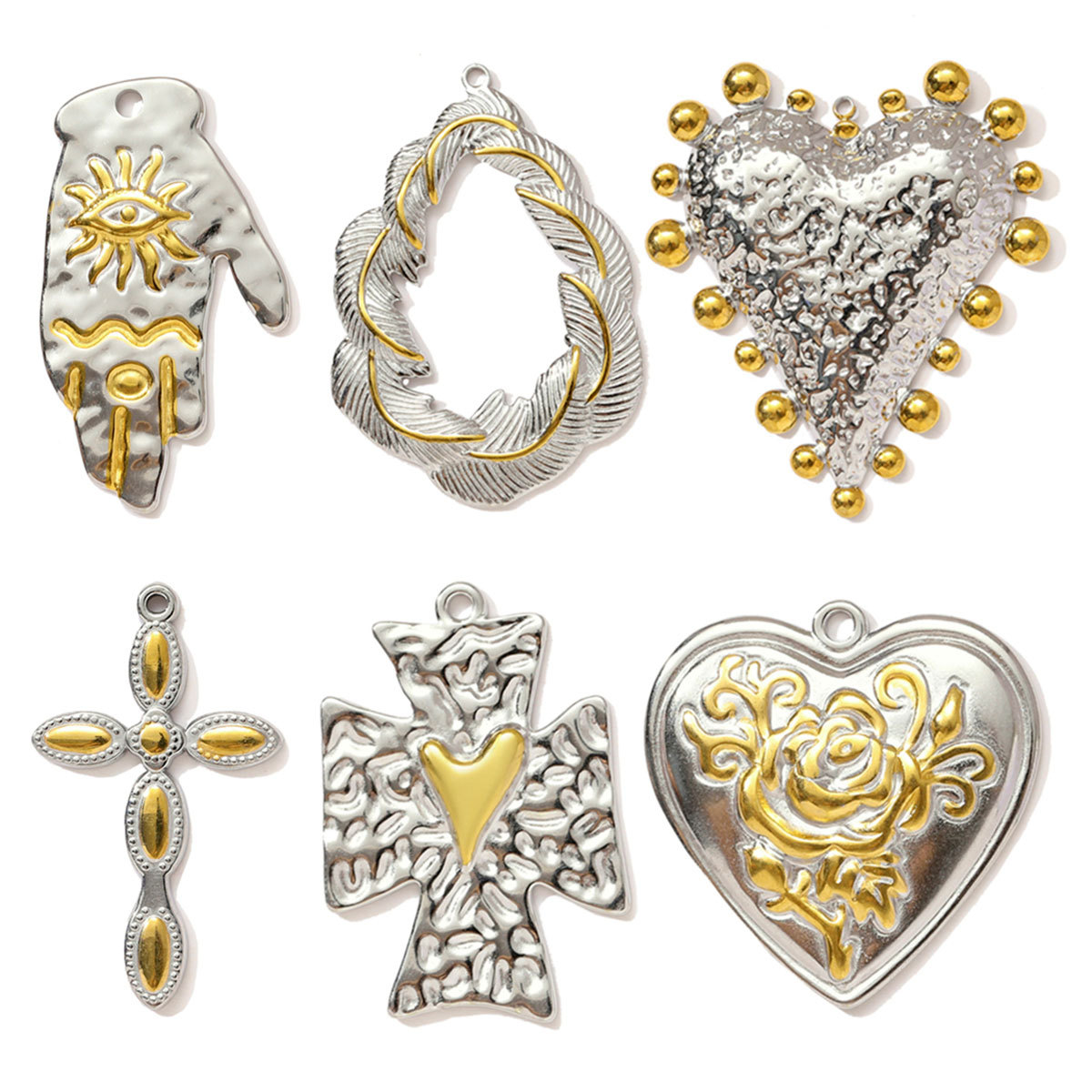 6pcs/pack Stainless Steel Two Tone Love Heart Cross Necklace Pendant Hamsa Hand DIY Earring Charm Women Flower Jewelry Wholesale