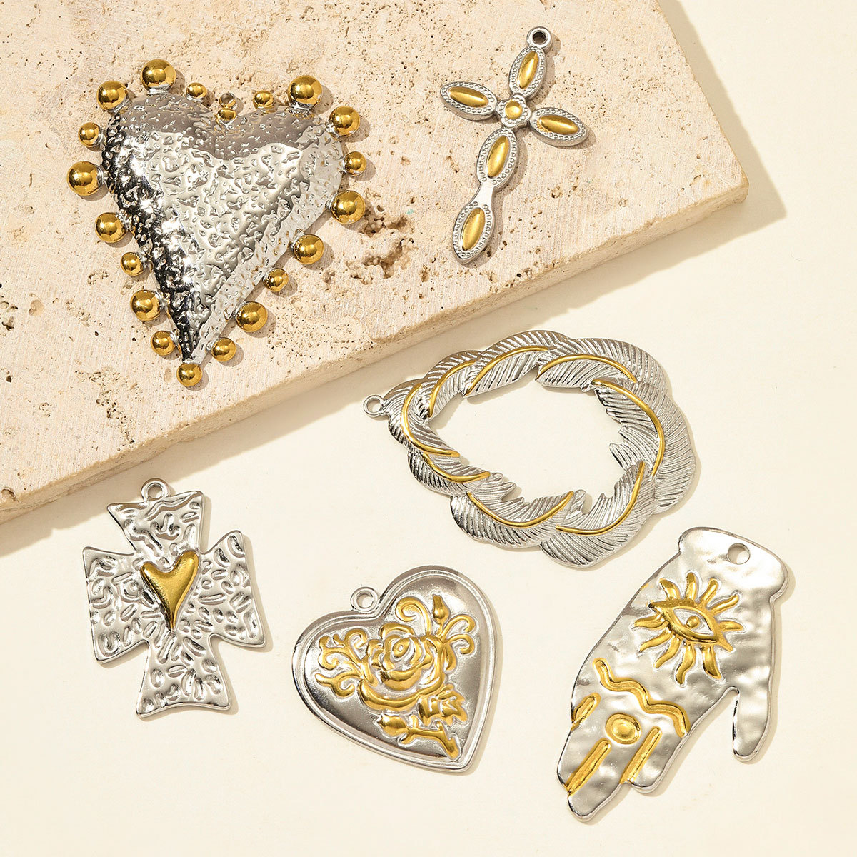 6pcs/pack Stainless Steel Two Tone Love Heart Cross Necklace Pendant Hamsa Hand DIY Earring Charm Women Flower Jewelry Wholesale