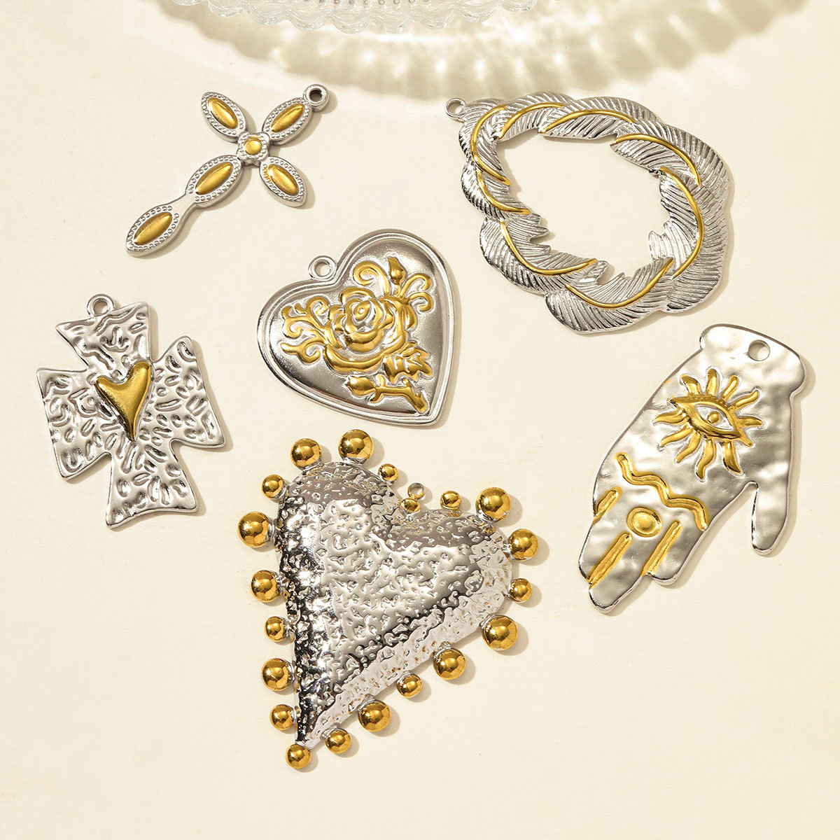 6pcs/pack Stainless Steel Two Tone Love Heart Cross Necklace Pendant Hamsa Hand DIY Earring Charm Women Flower Jewelry Wholesale