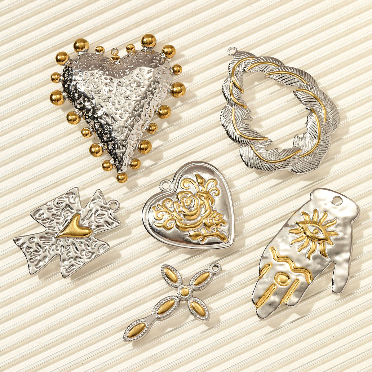 6pcs/pack Stainless Steel Two Tone Love Heart Cross Necklace Pendant Hamsa Hand DIY Earring Charm Women Flower Jewelry Wholesale