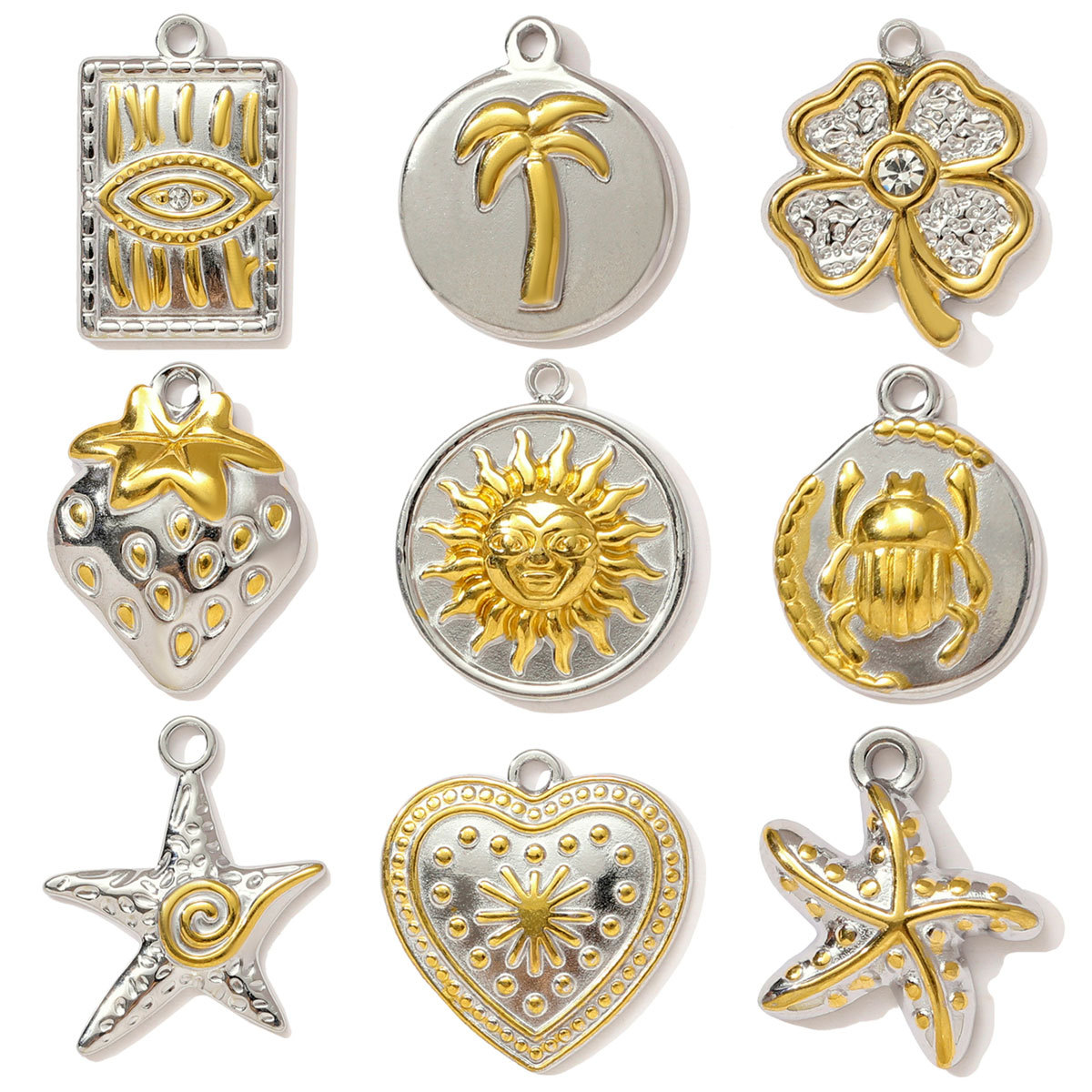 6pcs/pack Stainless Steel Two Tone Sun Plam Tree Beetle Necklace Pendant Strawberry Clover DIY Charm Women Starfish Heart Jewelry