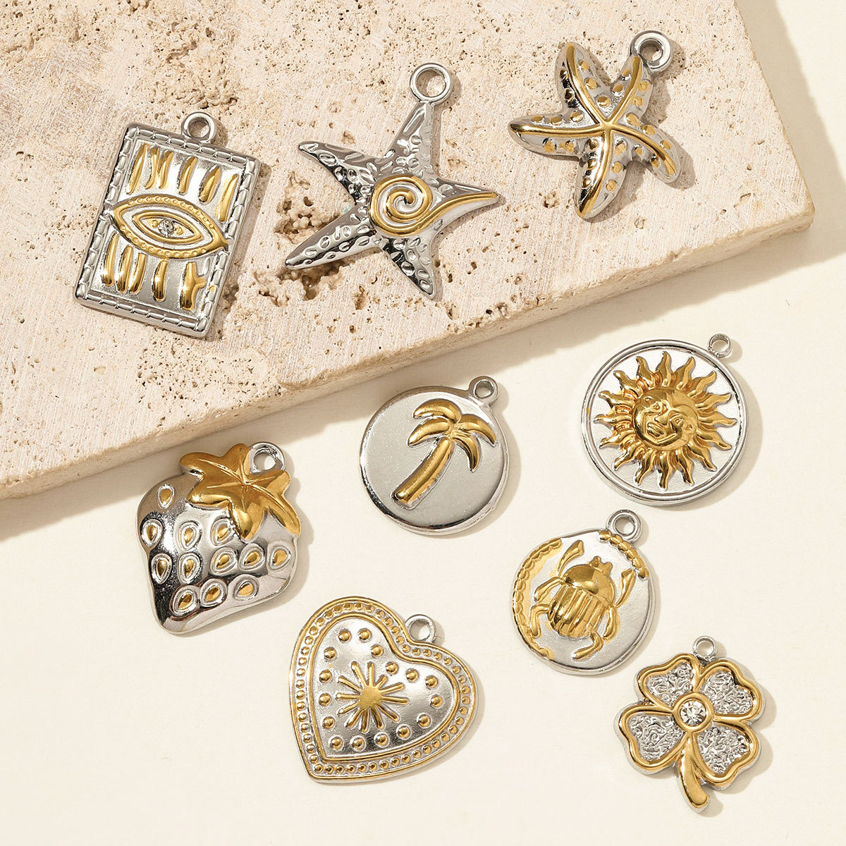 6pcs/pack Stainless Steel Two Tone Sun Plam Tree Beetle Necklace Pendant Strawberry Clover DIY Charm Women Starfish Heart Jewelry