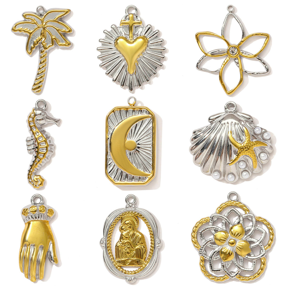 6pcs/pack Stainless Steel Two Tone Crescent Sun Hand Necklace Pendant Holy Mother Son DIY Charm Women Seahorse Shell Jewelry