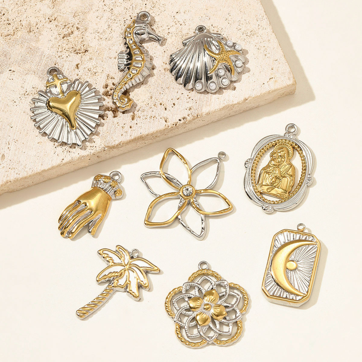 6pcs/pack Stainless Steel Two Tone Crescent Sun Hand Necklace Pendant Holy Mother Son DIY Charm Women Seahorse Shell Jewelry