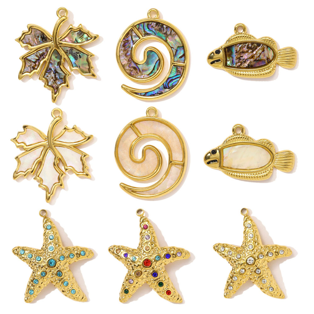 6pcs/pack French Stainless Steel Rhinestone Starfish Necklace Pendant Sea Snake Fish DIY Earring Charm Women Maple Leaf Jewelry
