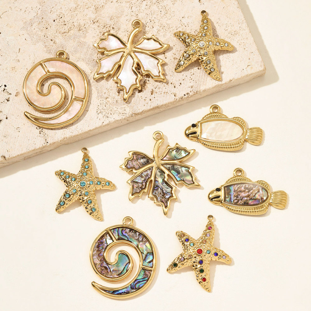 6pcs/pack French Stainless Steel Rhinestone Starfish Necklace Pendant Sea Snake Fish DIY Earring Charm Women Maple Leaf Jewelry