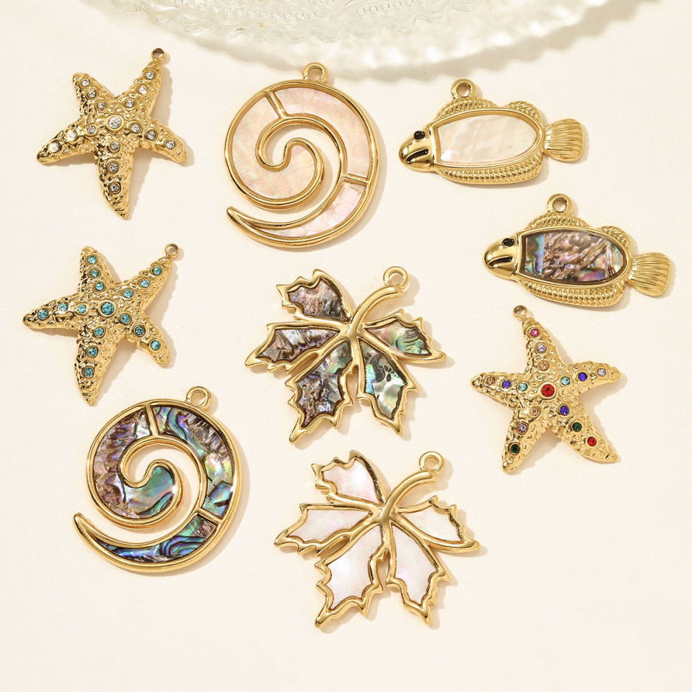 6pcs/pack French Stainless Steel Rhinestone Starfish Necklace Pendant Sea Snake Fish DIY Earring Charm Women Maple Leaf Jewelry