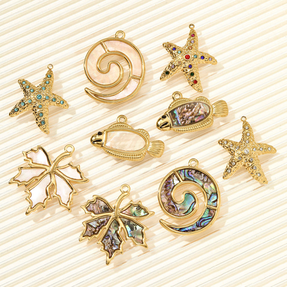 6pcs/pack French Stainless Steel Rhinestone Starfish Necklace Pendant Sea Snake Fish DIY Earring Charm Women Maple Leaf Jewelry