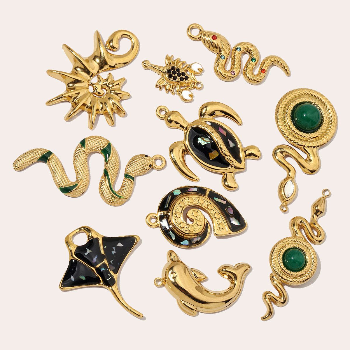 6pcs/pack French Natural Srone Snake Stainless Steel Diy Charms Women Manta Ray Turtle Necklace Pendant Dolphin Jewelry