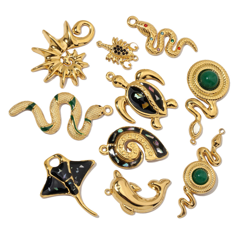 6pcs/pack French Natural Srone Snake Stainless Steel Diy Charms Women Manta Ray Turtle Necklace Pendant Dolphin Jewelry