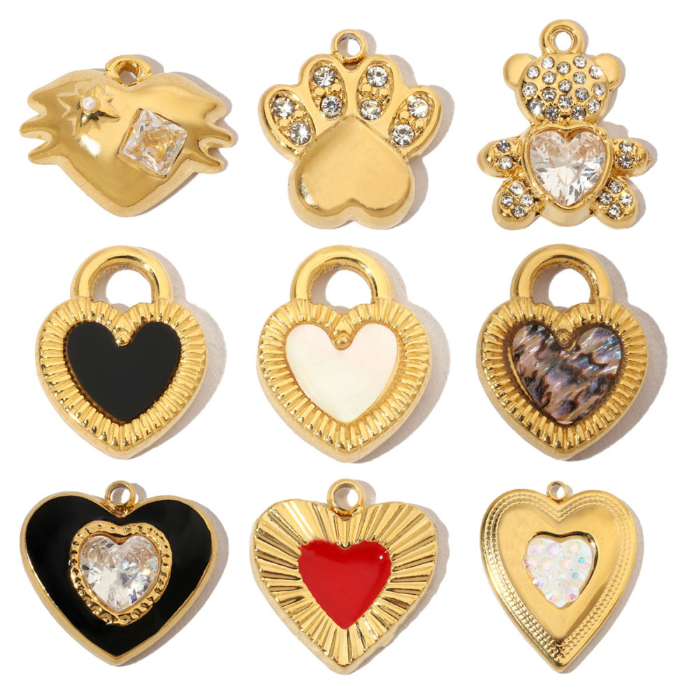 6pcs/pack French Crystal Bear Paw Stainless Steel Bracelet Charms Women Enamel Heart Necklace Pendant Love Lock Jewelry