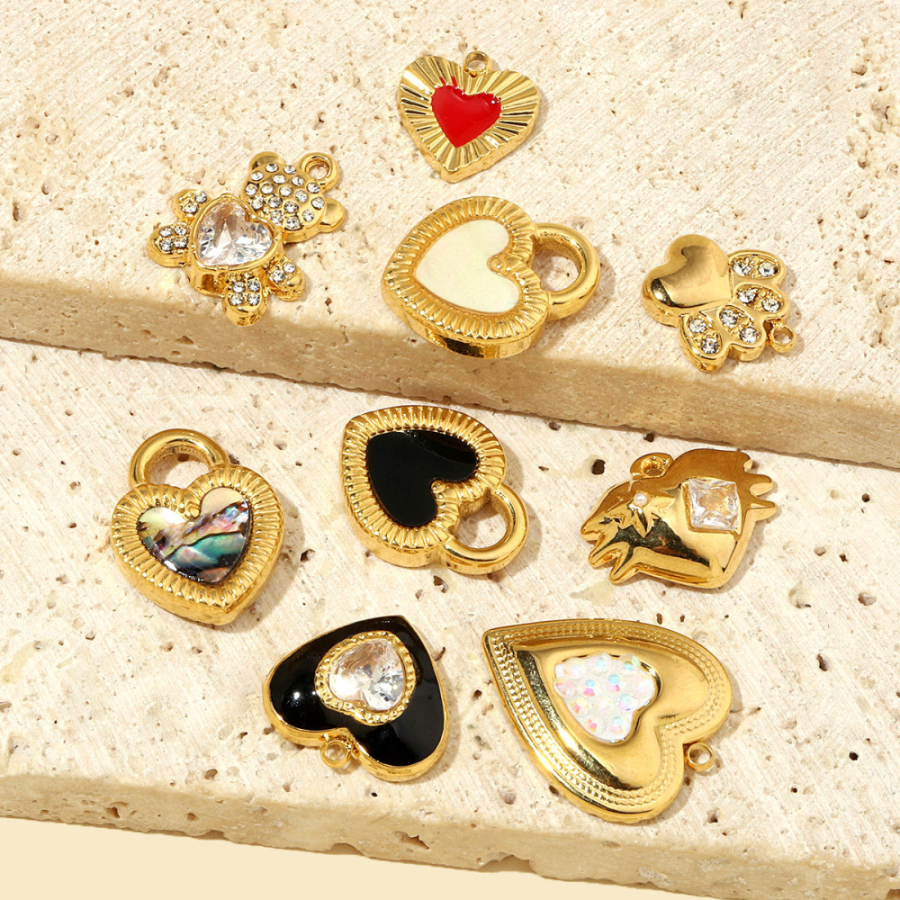 6pcs/pack French Crystal Bear Paw Stainless Steel Bracelet Charms Women Enamel Heart Necklace Pendant Love Lock Jewelry