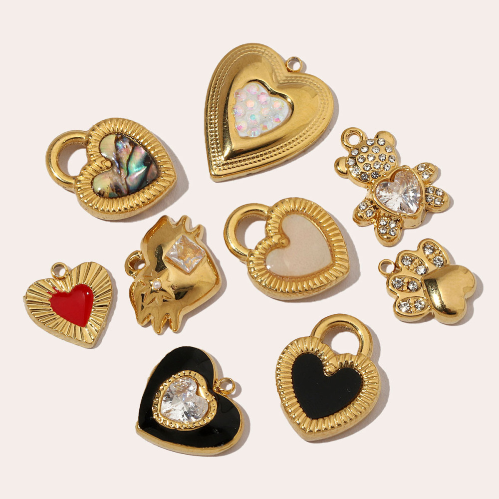 6pcs/pack French Crystal Bear Paw Stainless Steel Bracelet Charms Women Enamel Heart Necklace Pendant Love Lock Jewelry