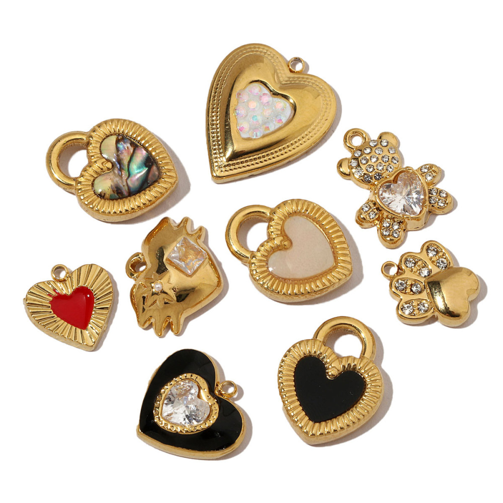 6pcs/pack French Crystal Bear Paw Stainless Steel Bracelet Charms Women Enamel Heart Necklace Pendant Love Lock Jewelry