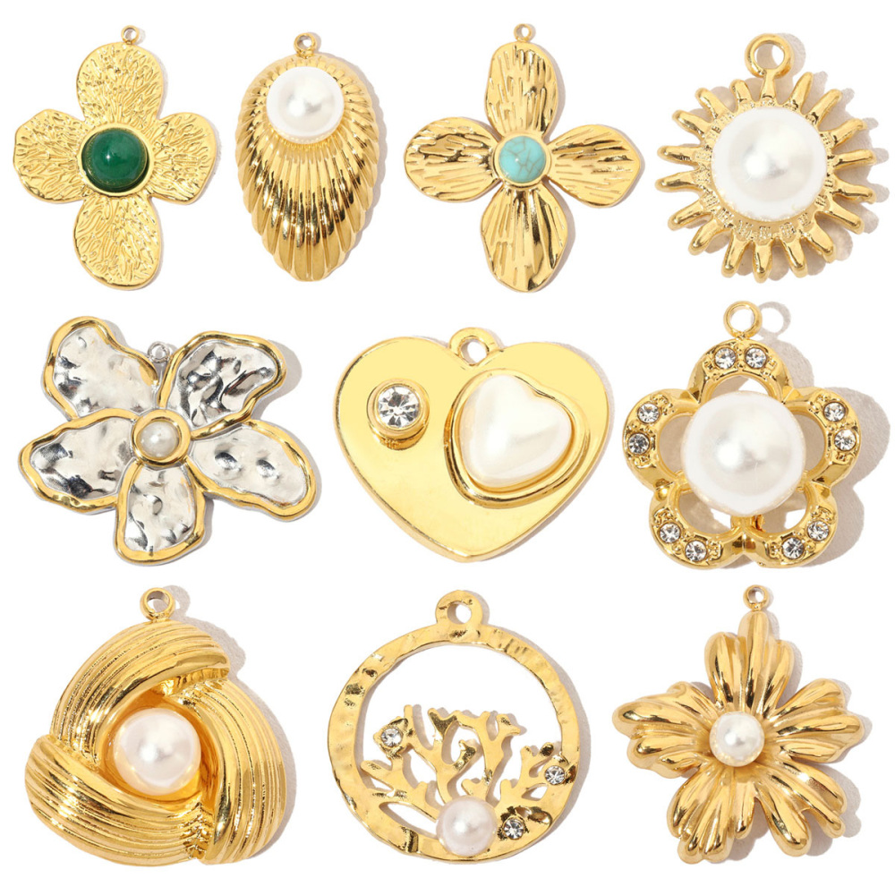 6pcs/pack French Natural Stone Heart Flower Stainless Steel Diy Charms Women Pearl Coral Earrings Pendant Clover Jewelry