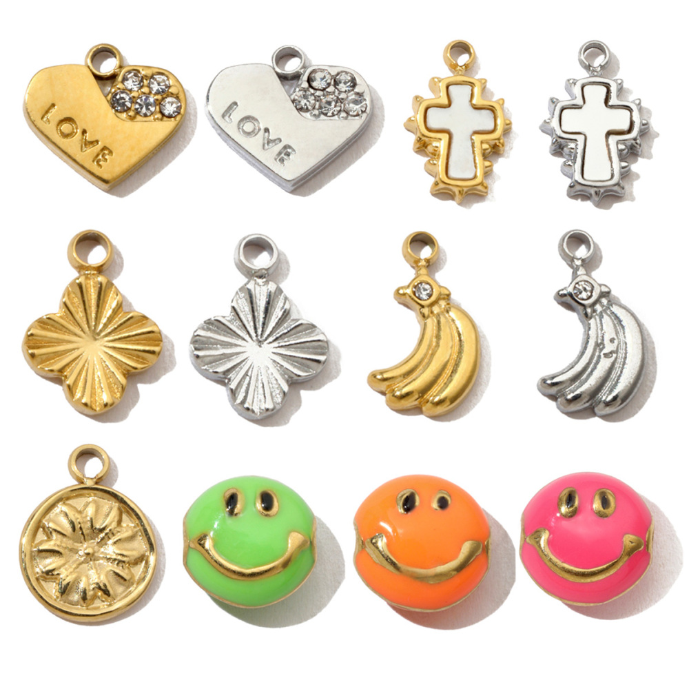 6pcs/pack French Clover Cross Stainless Steel Bracelet Diy Charms Women Love Heart Necklace Pendant Wholesale Banana Jewelry